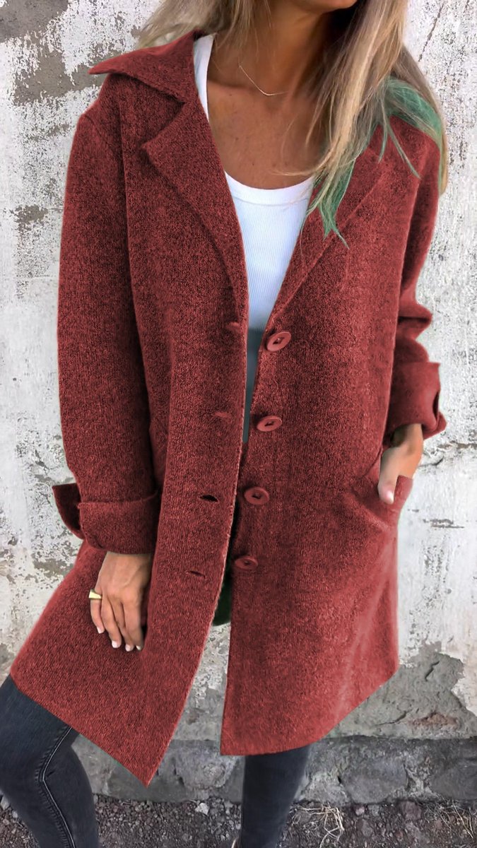 Women's Relaxed-Fit Lapel Coat - Longline Button-Front | Autumn - Red