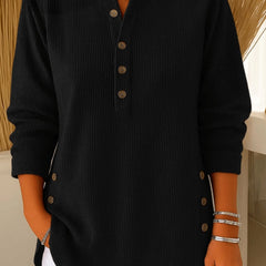 Women's Relaxed-Fit Longline Henley Tunic with Side Buttons | Autumn - Black