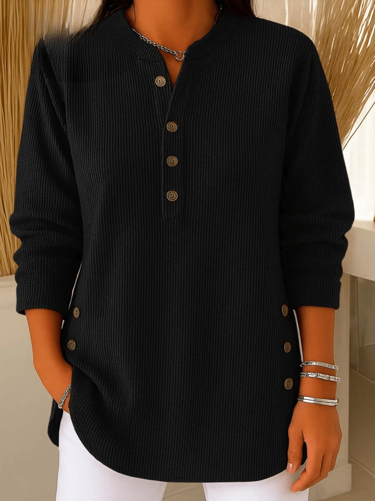 Women's Relaxed-Fit Longline Henley Tunic with Side Buttons | Autumn - Black