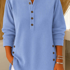 Women's Relaxed-Fit Longline Henley Tunic with Side Buttons | Autumn - Blue