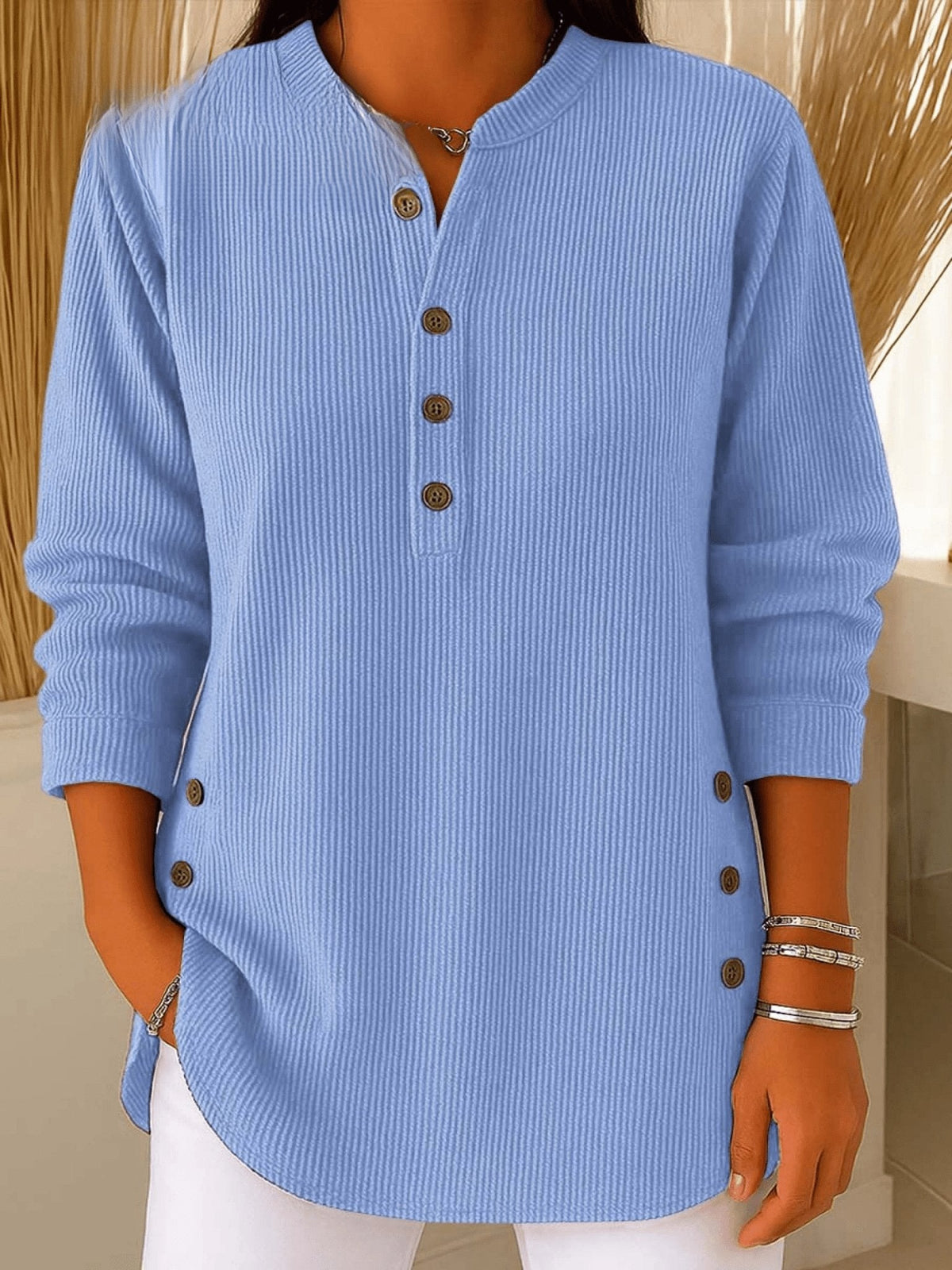 Women's Relaxed-Fit Longline Henley Tunic with Side Buttons | Autumn - Blue