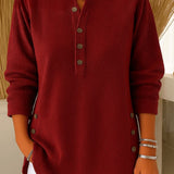 Women's Relaxed-Fit Longline Henley Tunic with Side Buttons | Autumn - Burgundy