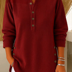 Women's Relaxed-Fit Longline Henley Tunic with Side Buttons | Autumn - Burgundy