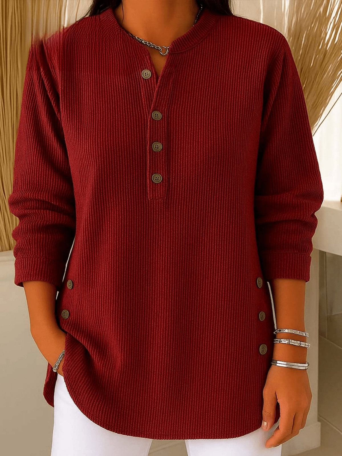 Women's Relaxed-Fit Longline Henley Tunic with Side Buttons | Autumn - Burgundy
