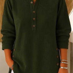 Women's Relaxed-Fit Longline Henley Tunic with Side Buttons | Autumn - Dark Green