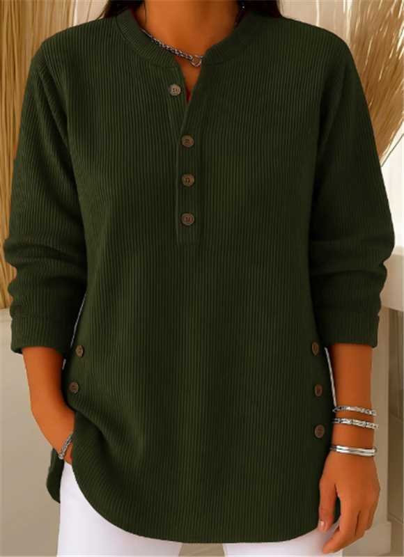 Women's Relaxed-Fit Longline Henley Tunic with Side Buttons | Autumn - Dark Green
