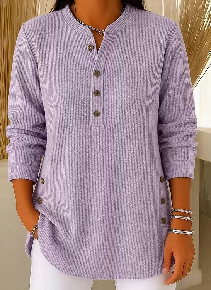 Women's Relaxed-Fit Longline Henley Tunic with Side Buttons | Autumn - Lavender