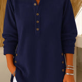 Women's Relaxed-Fit Longline Henley Tunic with Side Buttons | Autumn - Navy