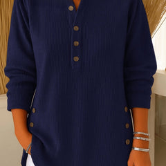 Women's Relaxed-Fit Longline Henley Tunic with Side Buttons | Autumn - Navy
