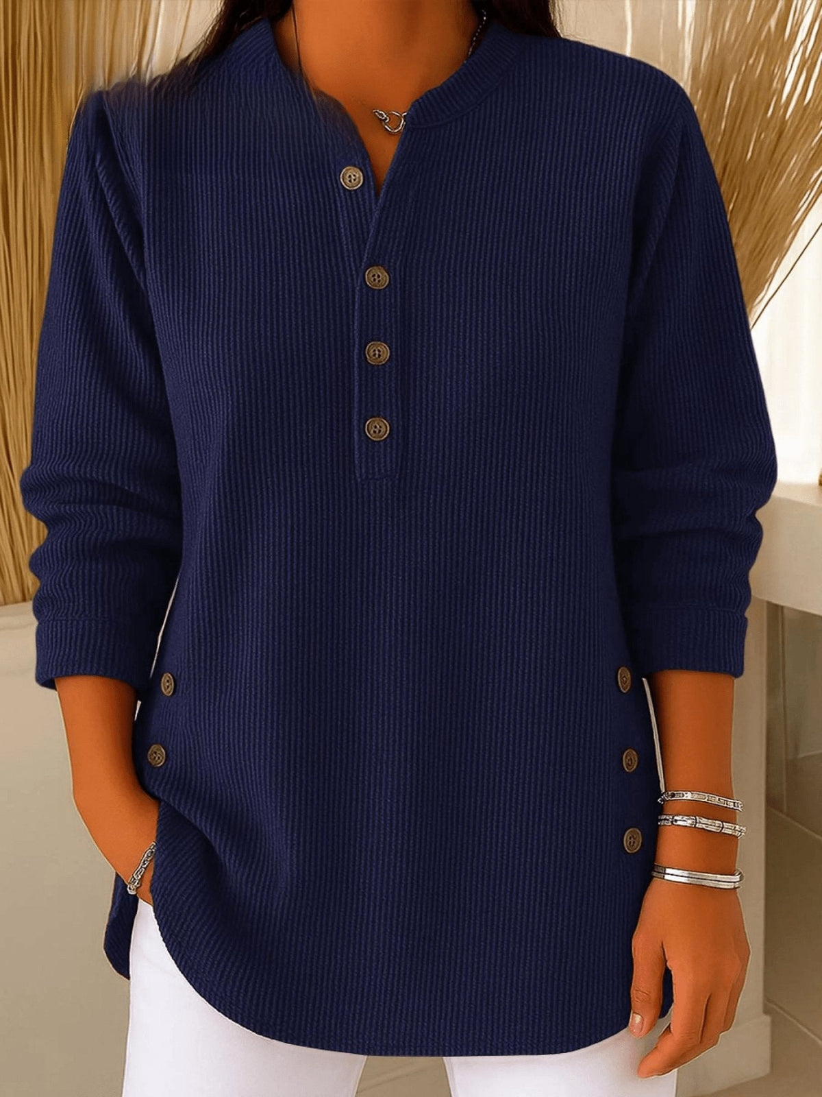 Women's Relaxed-Fit Longline Henley Tunic with Side Buttons | Autumn - Navy