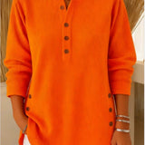 Women's Relaxed-Fit Longline Henley Tunic with Side Buttons | Autumn - Orange