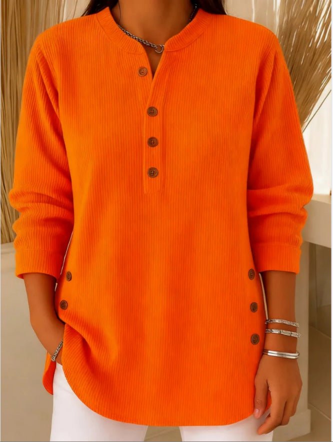 Women's Relaxed-Fit Longline Henley Tunic with Side Buttons | Autumn - Orange