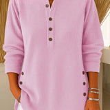 Women's Relaxed-Fit Longline Henley Tunic with Side Buttons | Autumn - Pink