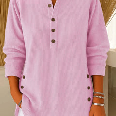 Women's Relaxed-Fit Longline Henley Tunic with Side Buttons | Autumn - Pink