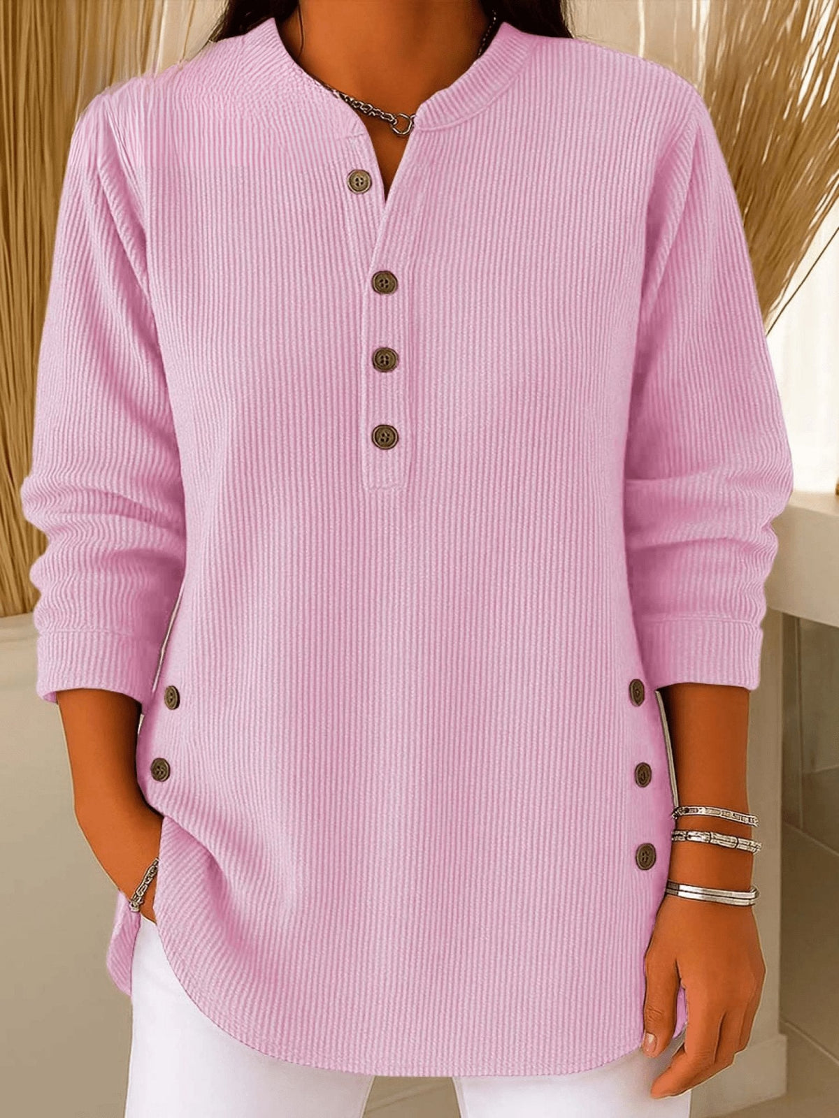 Women's Relaxed-Fit Longline Henley Tunic with Side Buttons | Autumn - Pink