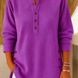 Women's Relaxed-Fit Longline Henley Tunic with Side Buttons | Autumn - Purple