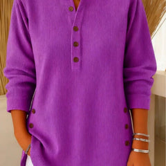 Women's Relaxed-Fit Longline Henley Tunic with Side Buttons | Autumn - Purple