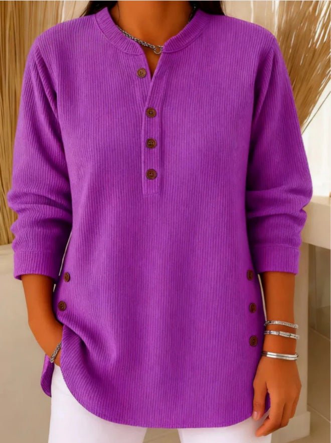 Women's Relaxed-Fit Longline Henley Tunic with Side Buttons | Autumn - Purple