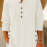 Women's Relaxed-Fit Longline Henley Tunic with Side Buttons | Autumn - White