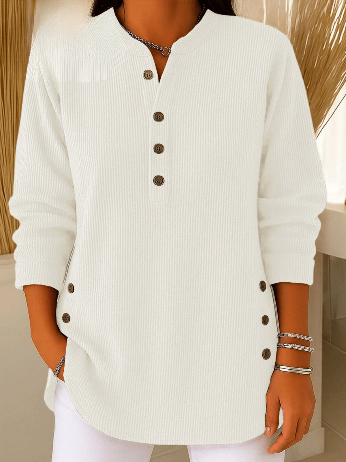 Women's Relaxed-Fit Longline Henley Tunic with Side Buttons | Autumn - White