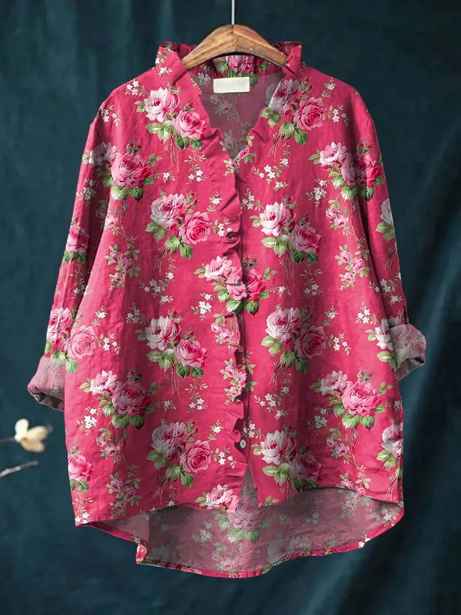 Women's Relaxed Linen Blouse with Ruffle Trim - Floral Print | Spring