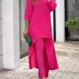 Women's Relaxed Lounge Set - Soft Knit Top & High-Waist Pants | Autumn - Pink