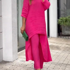 Women's Relaxed Lounge Set - Soft Knit Top & High-Waist Pants | Autumn - Pink