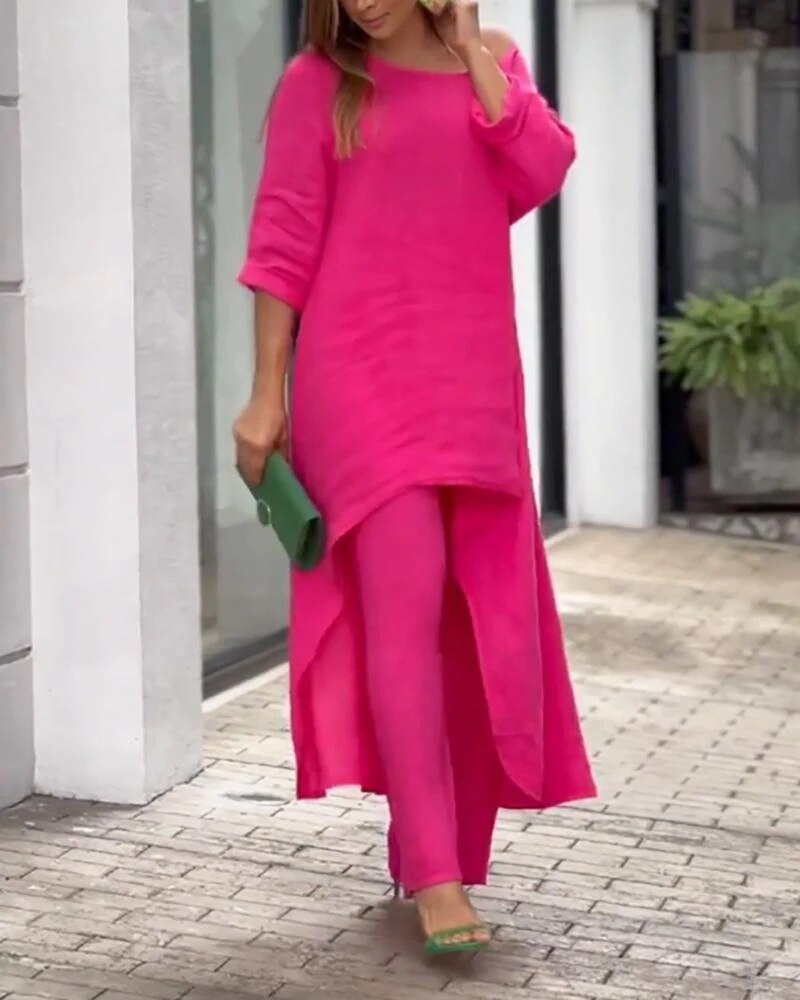 Women's Relaxed Lounge Set - Soft Knit Top & High-Waist Pants | Autumn - Pink