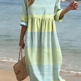 Women's Relaxed Midi Dress with Printed Crew Neck | Summer - Plaid