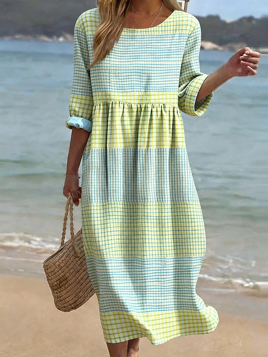 Women's Relaxed Midi Dress with Printed Crew Neck | Summer - Plaid