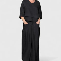 Women's Relaxed Two-Piece Set - Soft Comfort Top & Pants | Spring - Black
