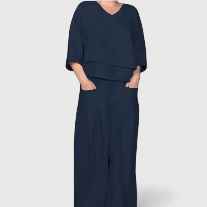 Women's Relaxed Two-Piece Set - Soft Comfort Top & Pants | Spring - Dark Blue