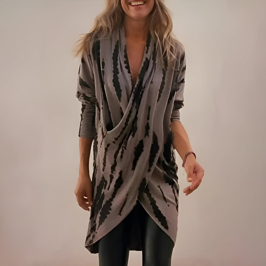 Women's Relaxed V-Neck Abstract Print Draped Tunic | Autumn - S