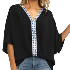 Women's Relaxed V-Neck Oversized Tunic Top - Boho Geometric Trim - Black