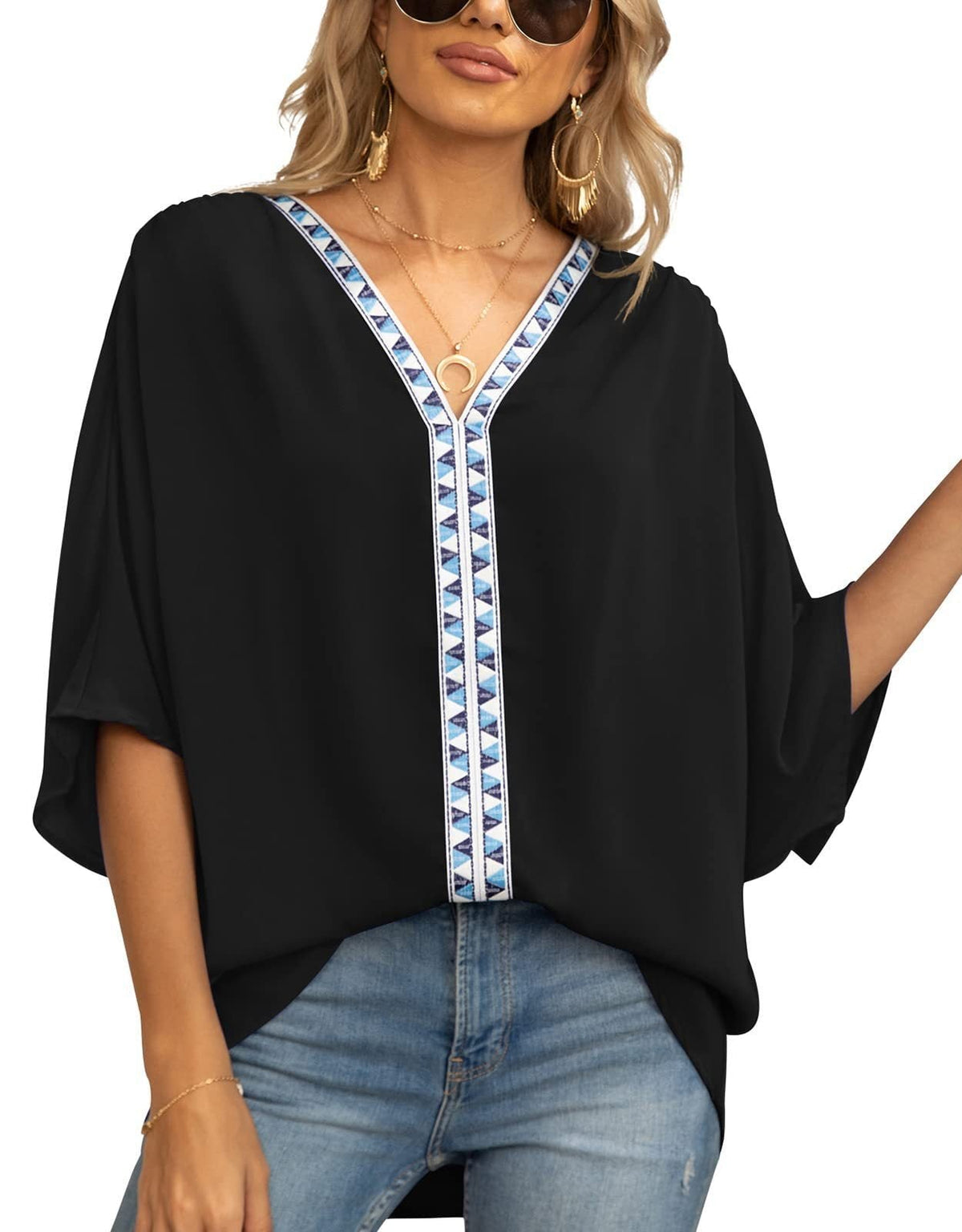 Women's Relaxed V-Neck Oversized Tunic Top - Boho Geometric Trim - Black