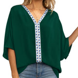 Women's Relaxed V-Neck Oversized Tunic Top - Boho Geometric Trim - Dark Green