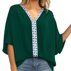 Women's Relaxed V-Neck Oversized Tunic Top - Boho Geometric Trim - Dark Green