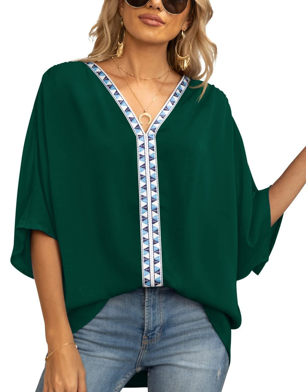 Women's Relaxed V-Neck Oversized Tunic Top - Boho Geometric Trim - Dark Green