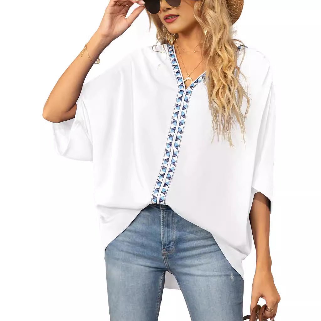 Women's Relaxed V-Neck Oversized Tunic Top - Boho Geometric Trim