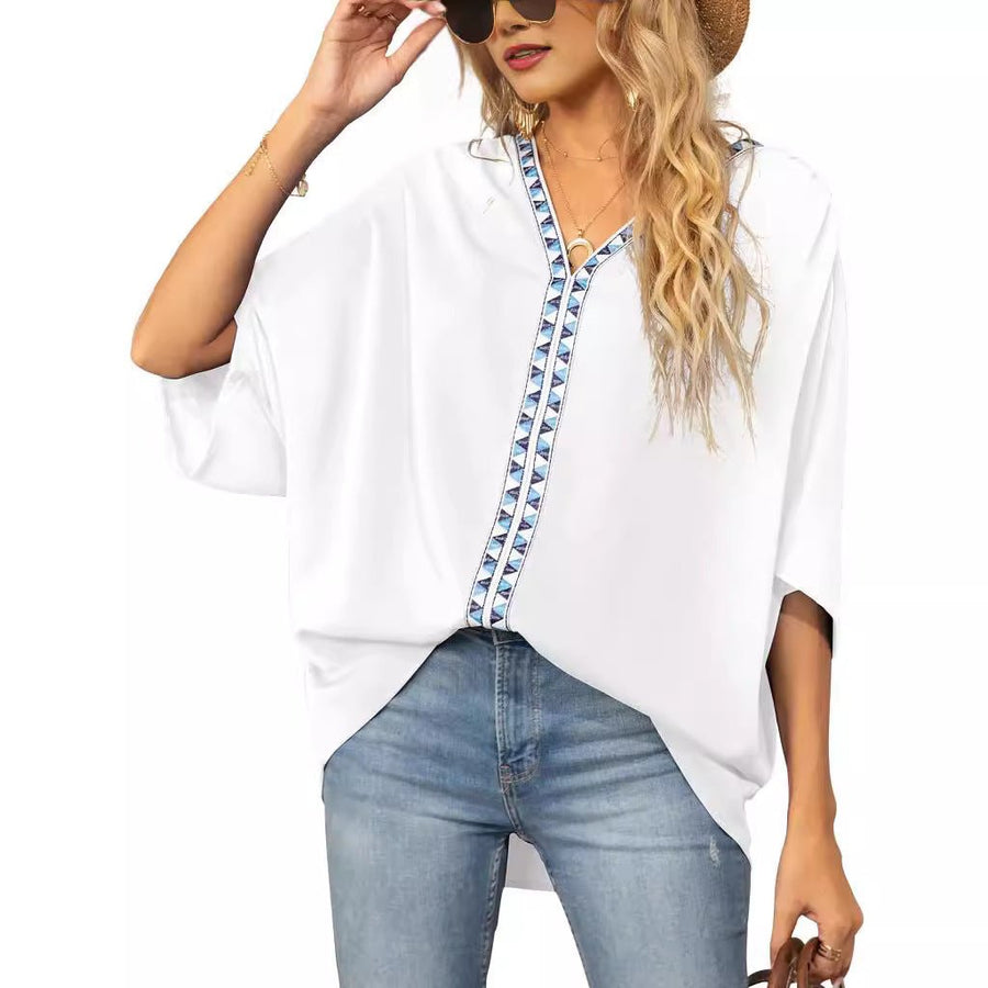 Women's Relaxed V-Neck Oversized Tunic Top - Boho Geometric Trim