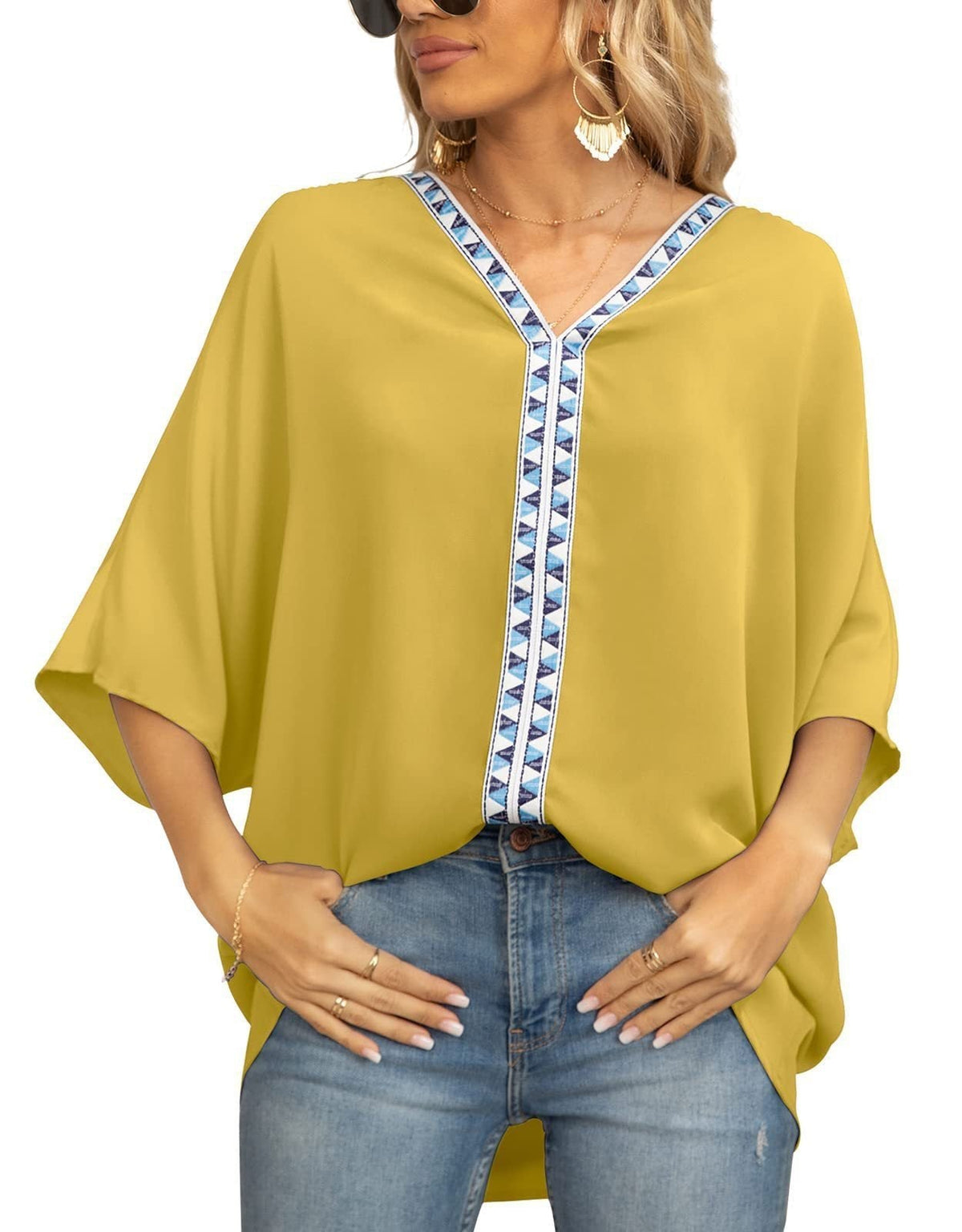Women's Relaxed V-Neck Oversized Tunic Top - Boho Geometric Trim - Floral