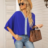 Women's Relaxed V-Neck Oversized Tunic Top - Boho Geometric Trim - Green