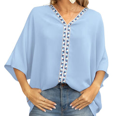 Women's Relaxed V-Neck Oversized Tunic Top - Boho Geometric Trim - Light  Blue