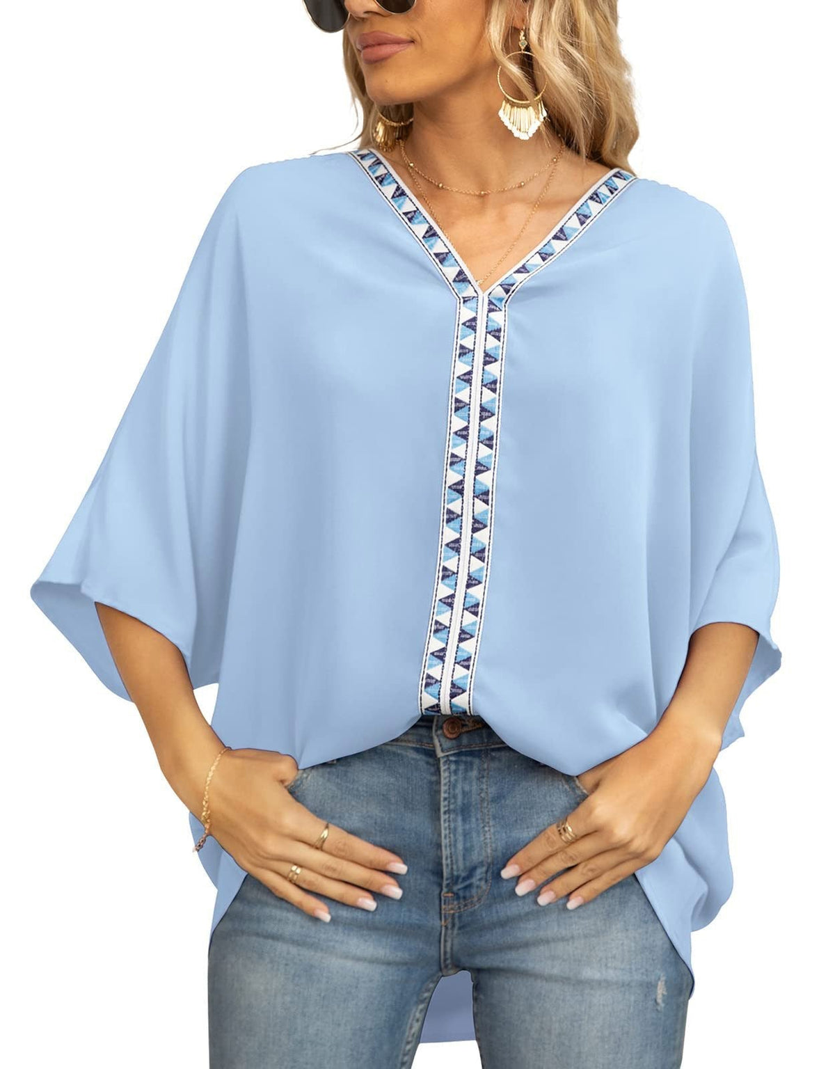Women's Relaxed V-Neck Oversized Tunic Top - Boho Geometric Trim - Light  Blue