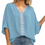 Women's Relaxed V-Neck Oversized Tunic Top - Boho Geometric Trim - Navy