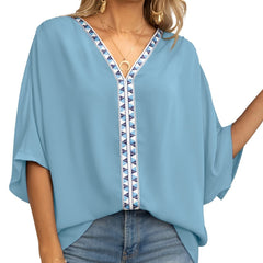 Women's Relaxed V-Neck Oversized Tunic Top - Boho Geometric Trim - Navy