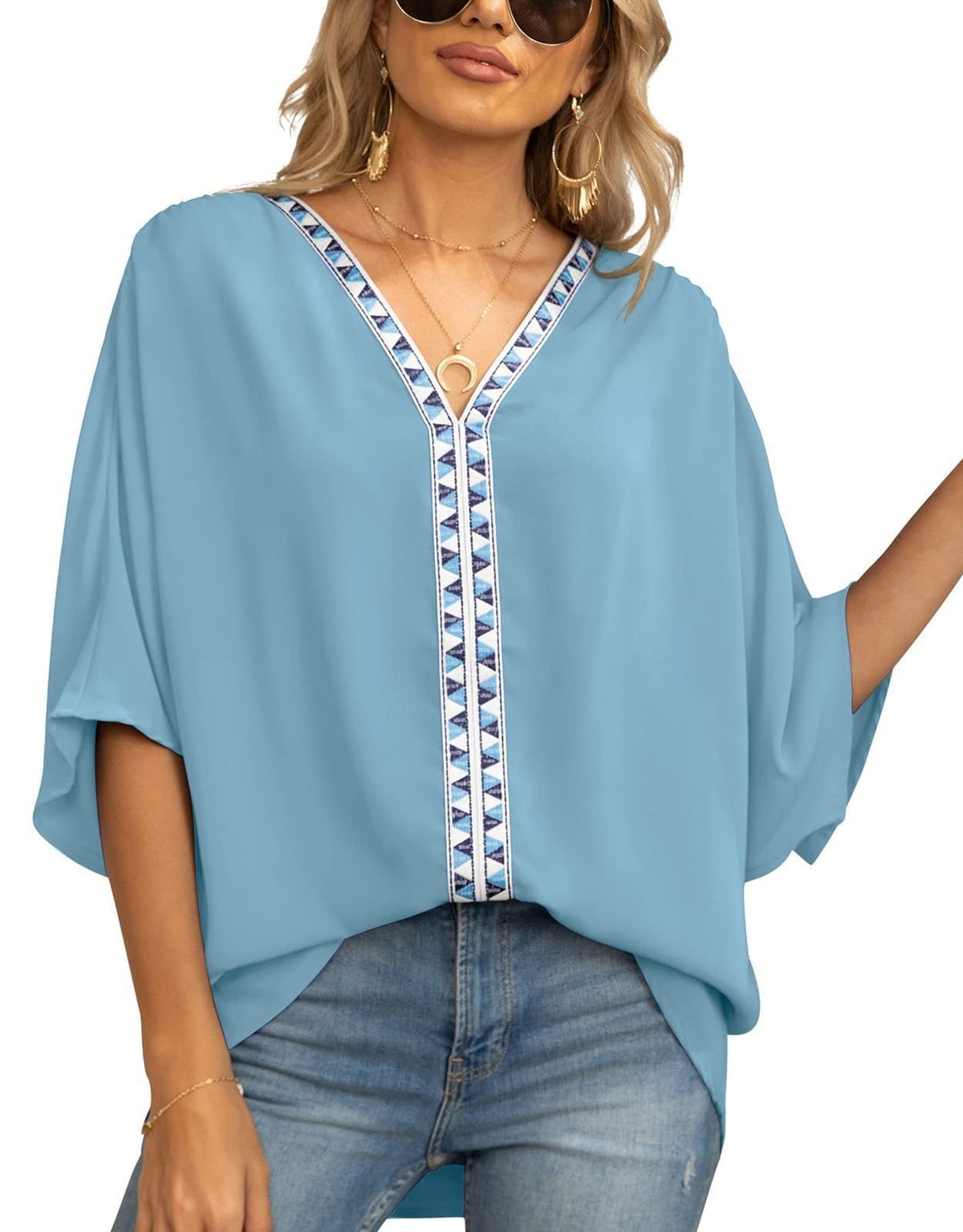 Women's Relaxed V-Neck Oversized Tunic Top - Boho Geometric Trim - Navy