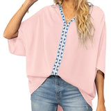 Women's Relaxed V-Neck Oversized Tunic Top - Boho Geometric Trim - Pink