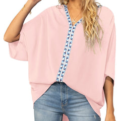 Women's Relaxed V-Neck Oversized Tunic Top - Boho Geometric Trim - Pink