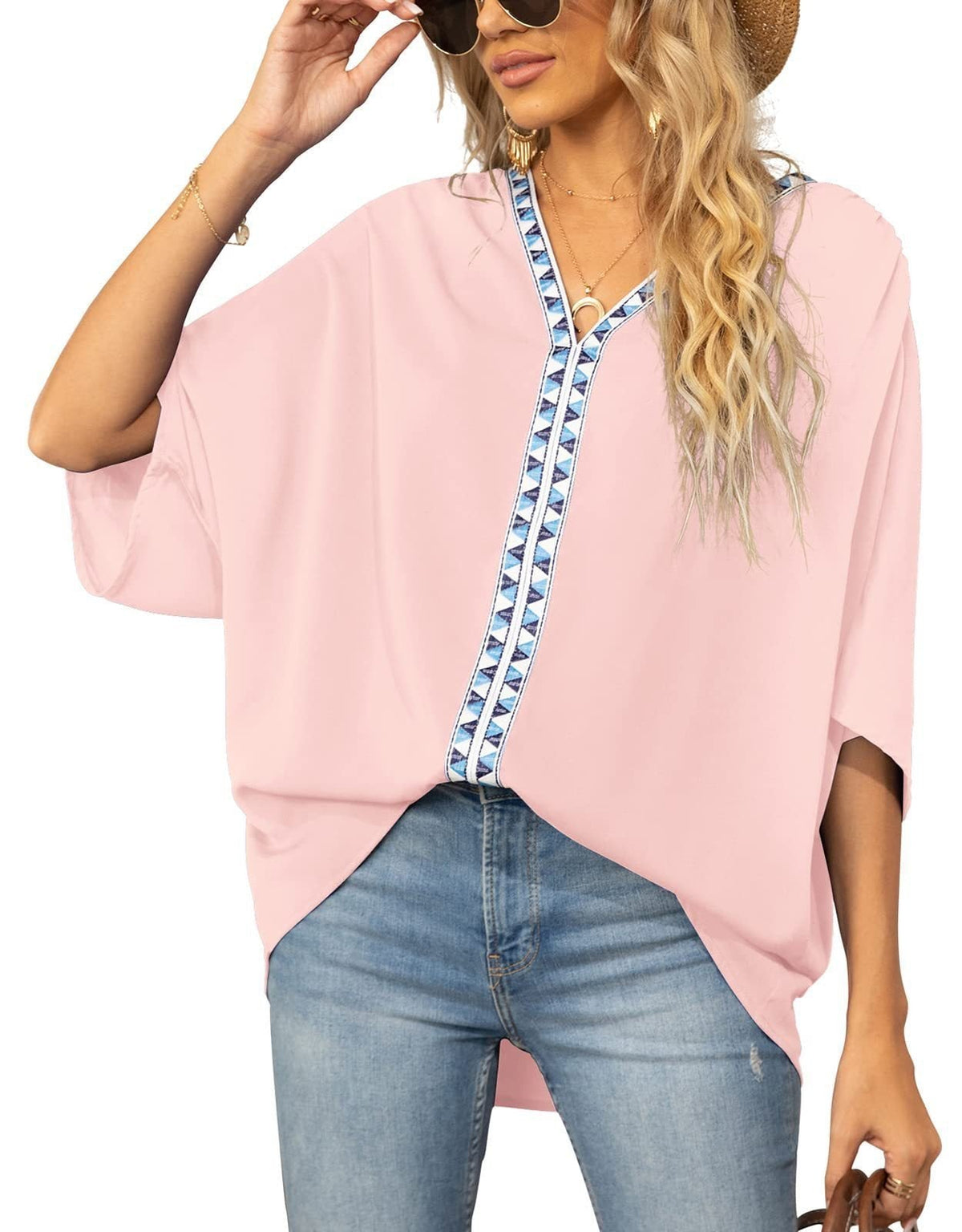 Women's Relaxed V-Neck Oversized Tunic Top - Boho Geometric Trim - Pink